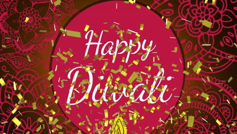 animación de feliz diwali sobre confeti dorado y círculo rojo sobre fondo rojo