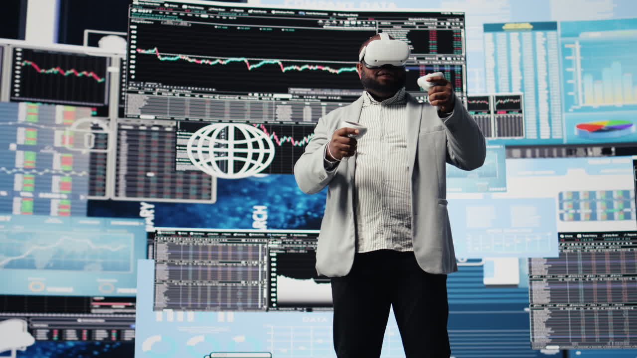 Business leader working with virtual reality headset to obtain funds