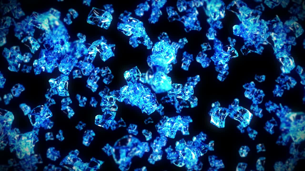 검은색 바탕에 많은 깨한 얼음 큐브를 날아. 부서진 얼음 조각, 자연 물. 부러진 얼음의 3d 애니메이션 회전. 루프 애니메이션.