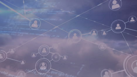 network of digital icons and data processing against clouds in the blue sky