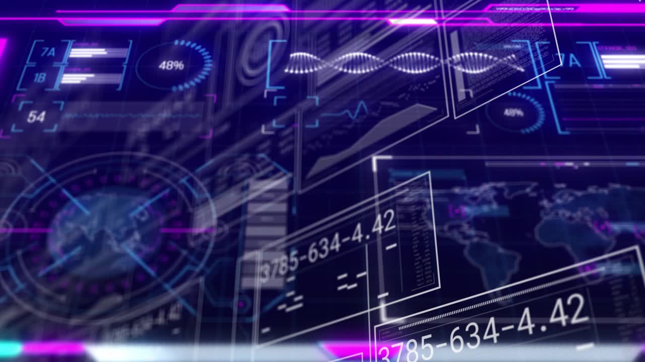 Playback starting holo dashboard moving through layered panes, gauges updating, revealing datasets