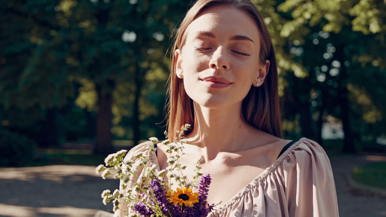 Un video sereno di profilo di una donna con un abito leggero che tiene dei fiori, seduta su una panchina del parco.