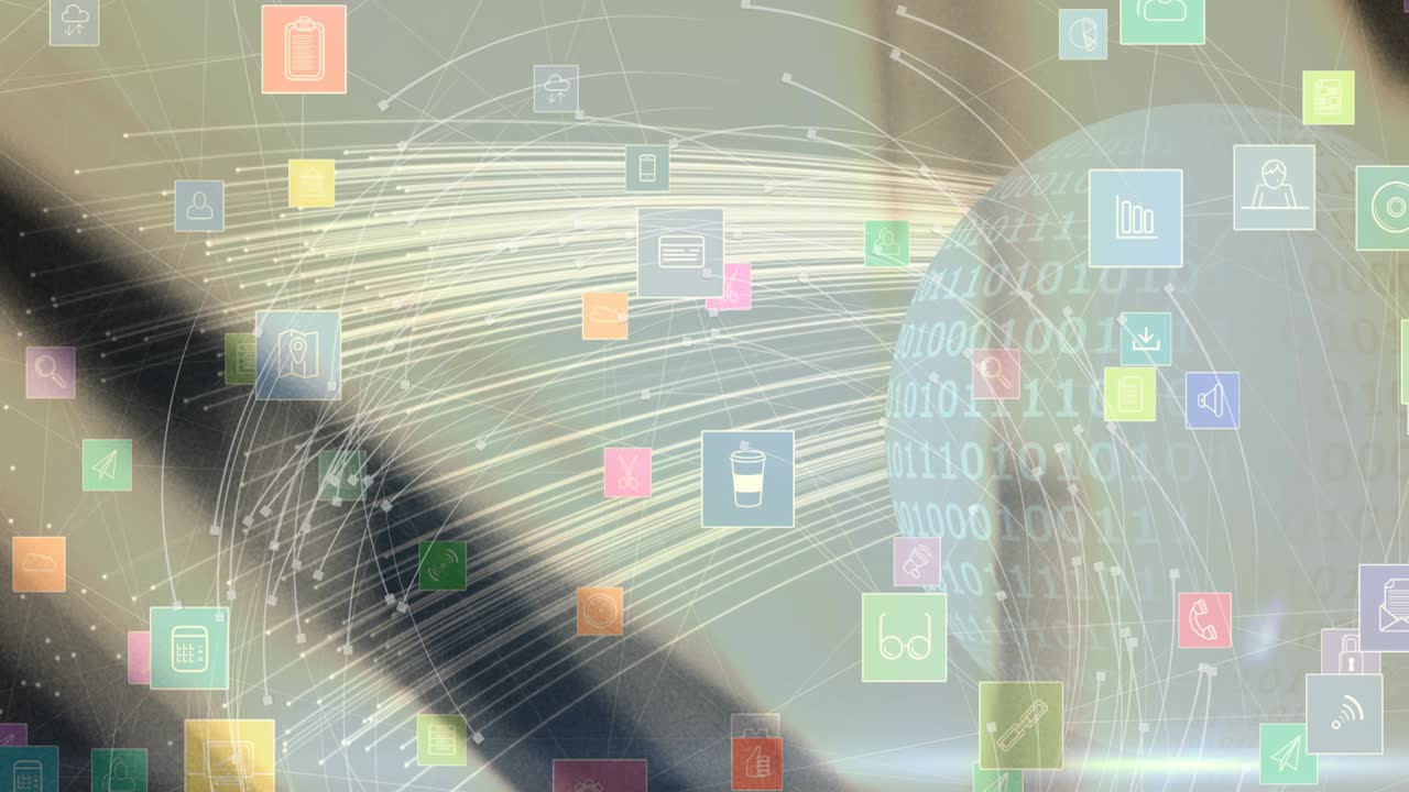 흐릿한 배경 위에 디지털 아이콘이 있는 지구의 애니메이션