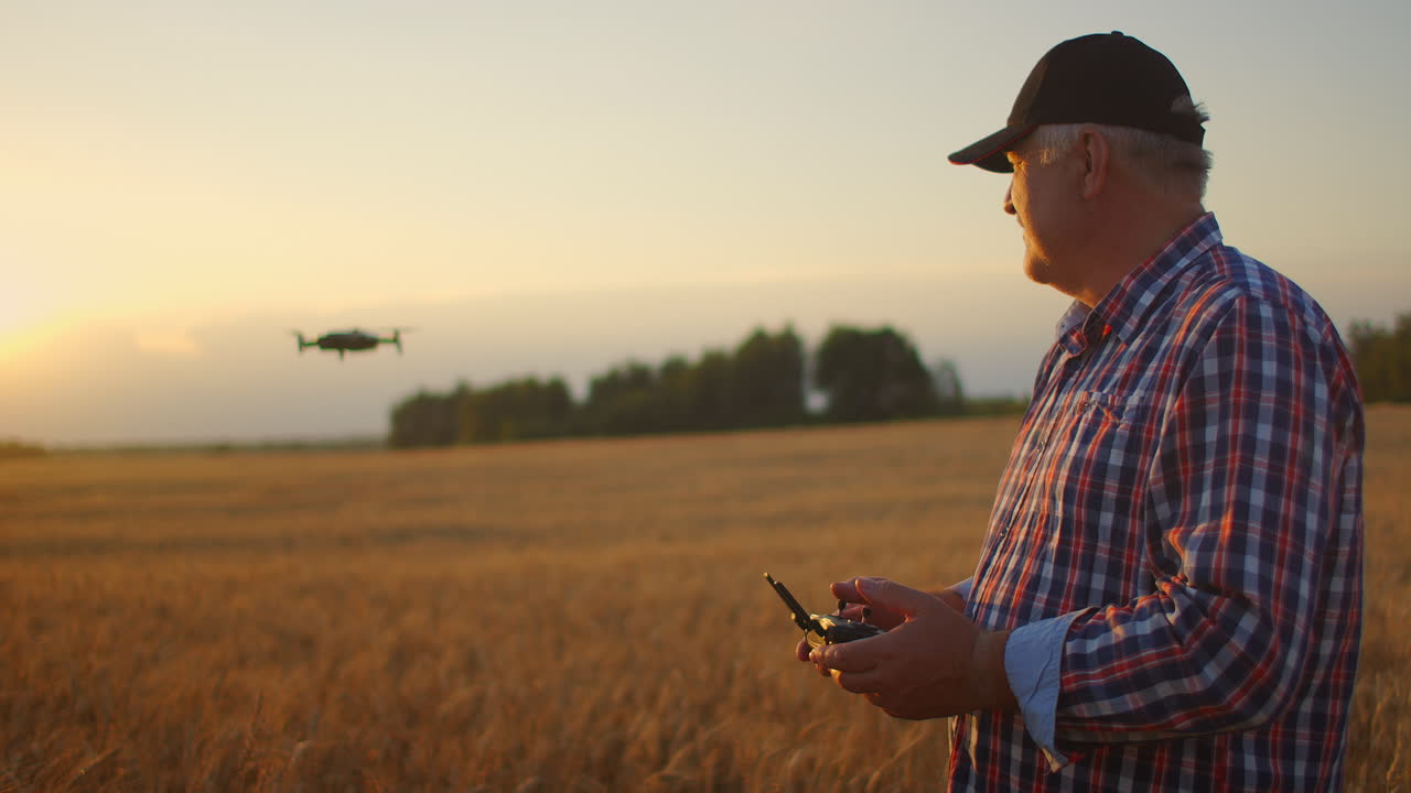 un agricultor adulto mayor con una gorra usa un avión no tripulado para volar sobre un campo de trigo. un agricultor anciano usa un controlador para controlar el avión no tripulado. tecnologías modernas en la agricultura