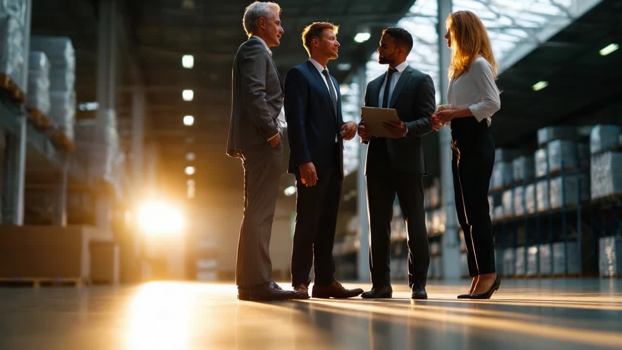 Business Team Discussing Strategy in a Warehouse