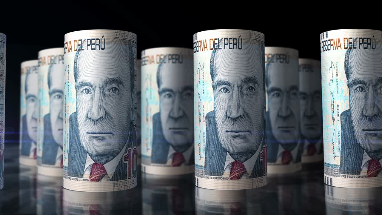 페루 소레 (peruvian soles) - 페루의 통화, 지폐, 롤, 원활한 루프.