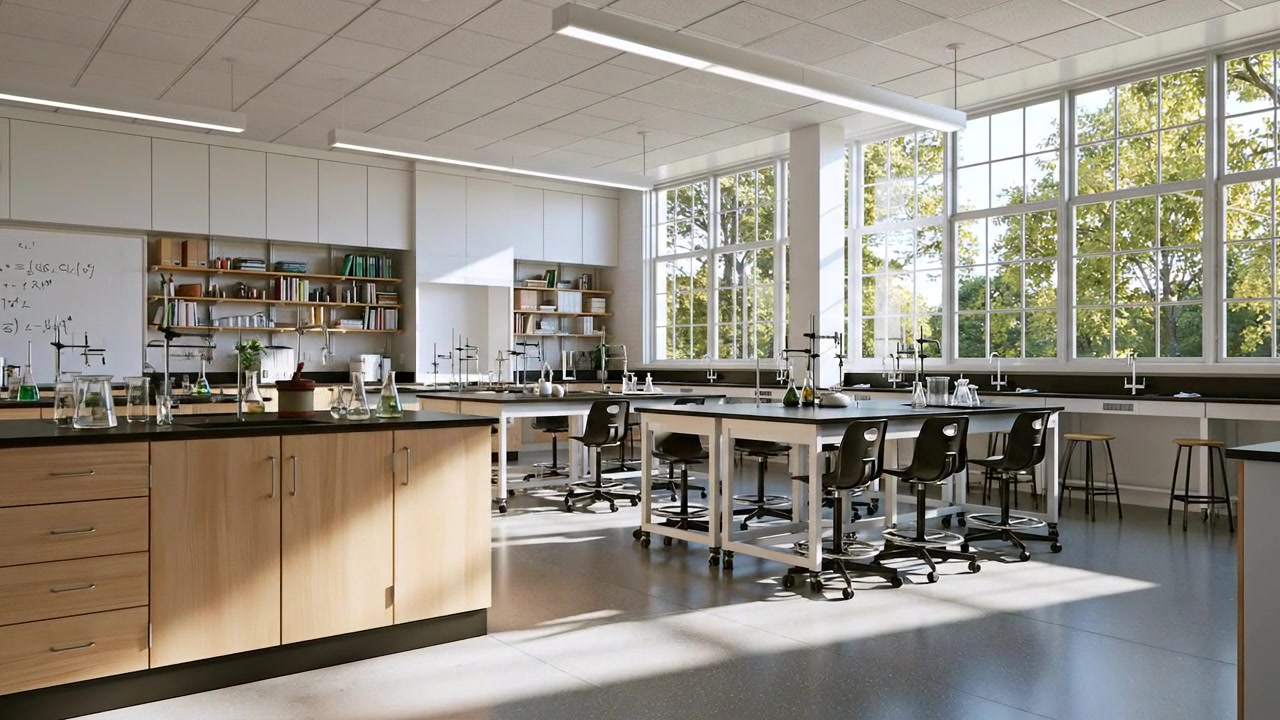Empty Modern Science Laboratory Classroom with Large Windows