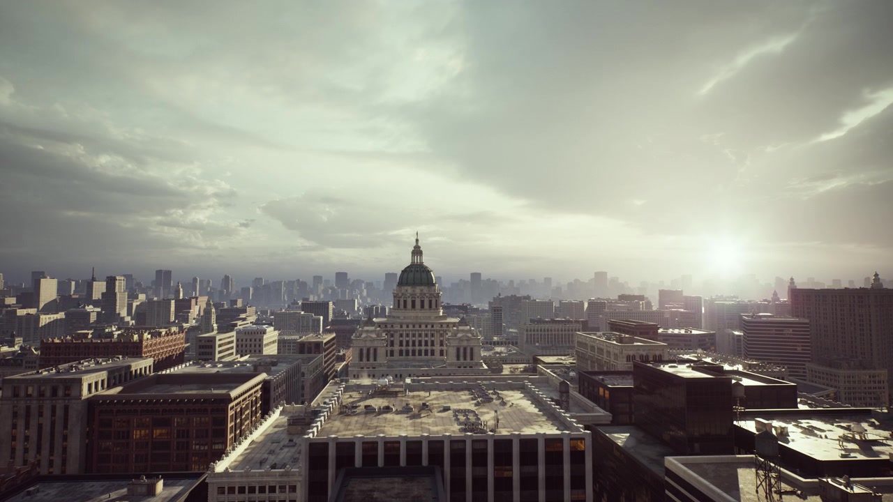 O nascer do sol realça a cidade, com a luz matinal banhando a cena de um edifício histórico