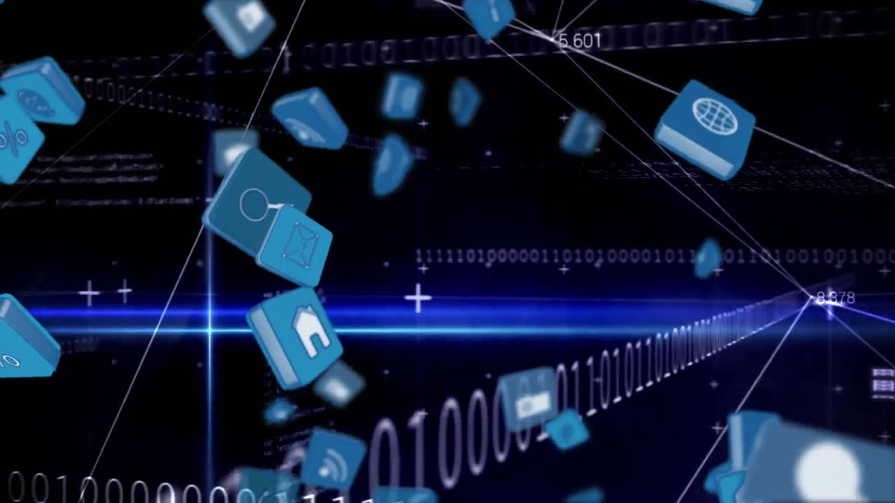 바이너리 코드 배경에 있는 인터넷 아이콘과 기호