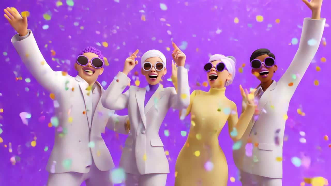 A lively group of friends celebrating joyously together, adorned in stylish outfits and sunglasses, surrounded by a burst of colorful confetti against a vibrant purple backdrop