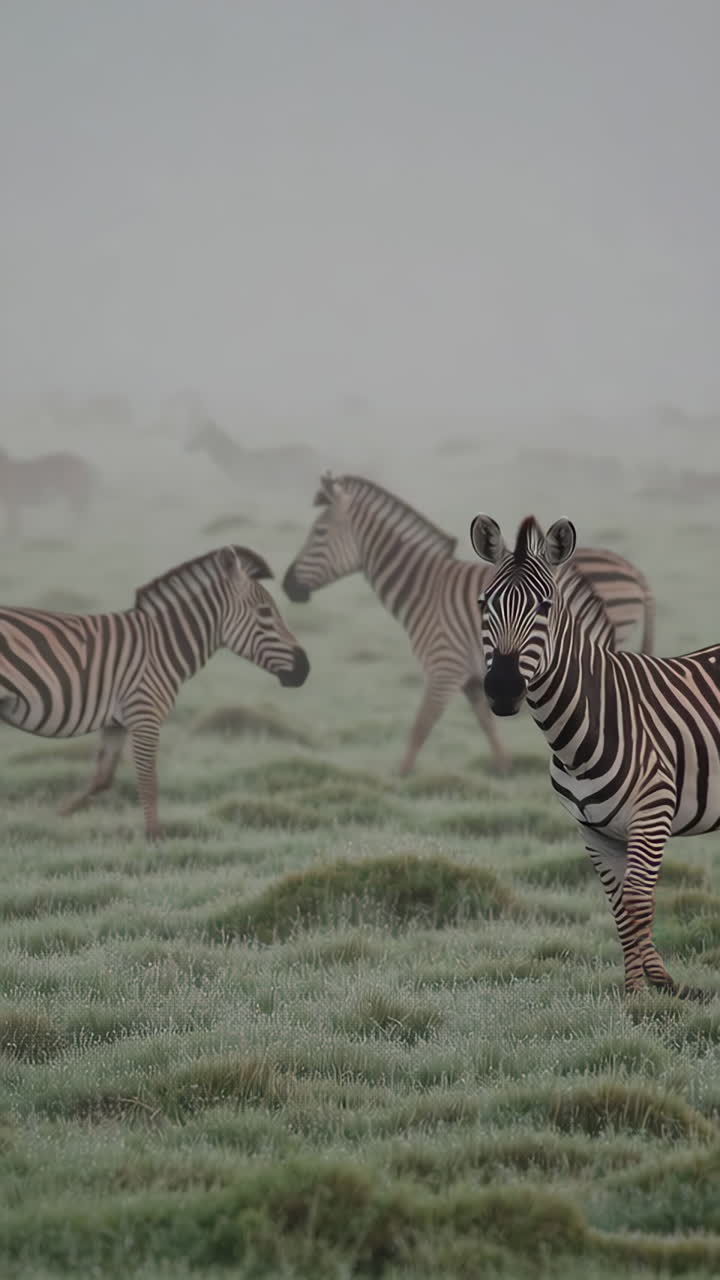 Zebras in a misty savanna