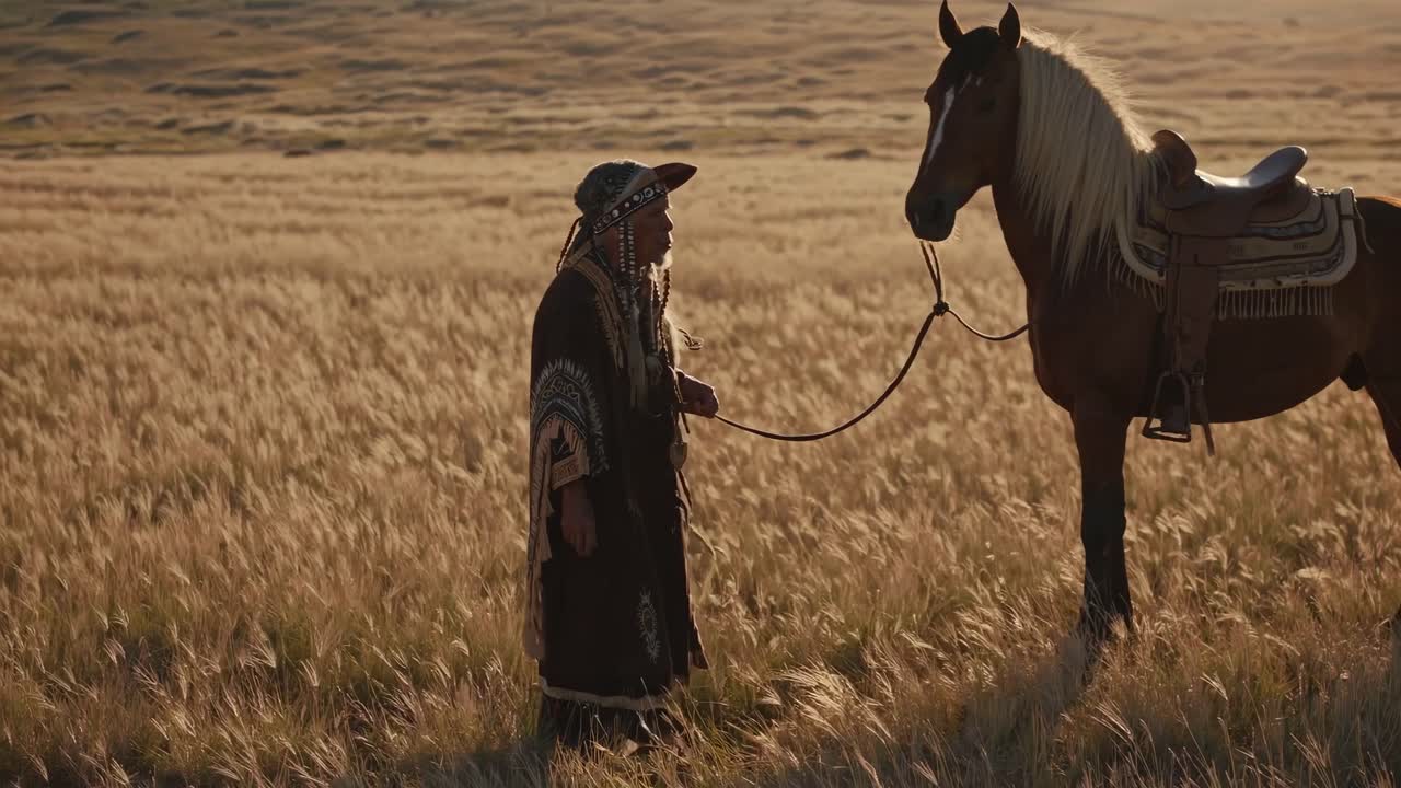 Elderly Native American Man with Horse in a Field at Sunset
