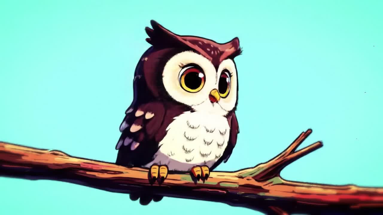 A Charming Animated Owl Perched on a Branch: From Alert Curiosity to Serene Rest, Witness the Transformative Moments of This Delightful Character