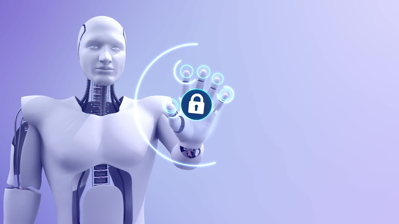 robot humanoide futurista que muestra el símbolo de la cerradura