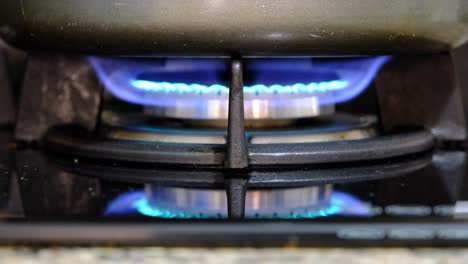 a closeup of an open fire from a gas stove burner supply with a cooking pot on the top