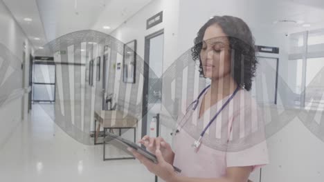 animación de adn y procesamiento de datos sobre una doctora biracial