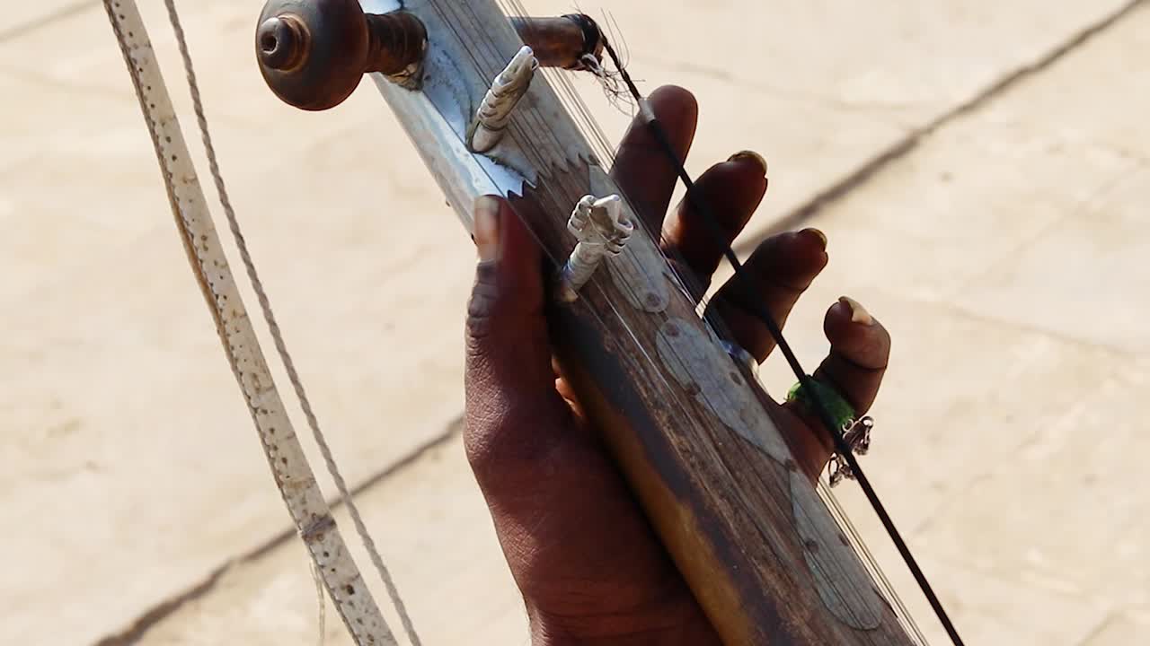 artista tocando sarangi tradicional desde diferentes ángulos en el día
