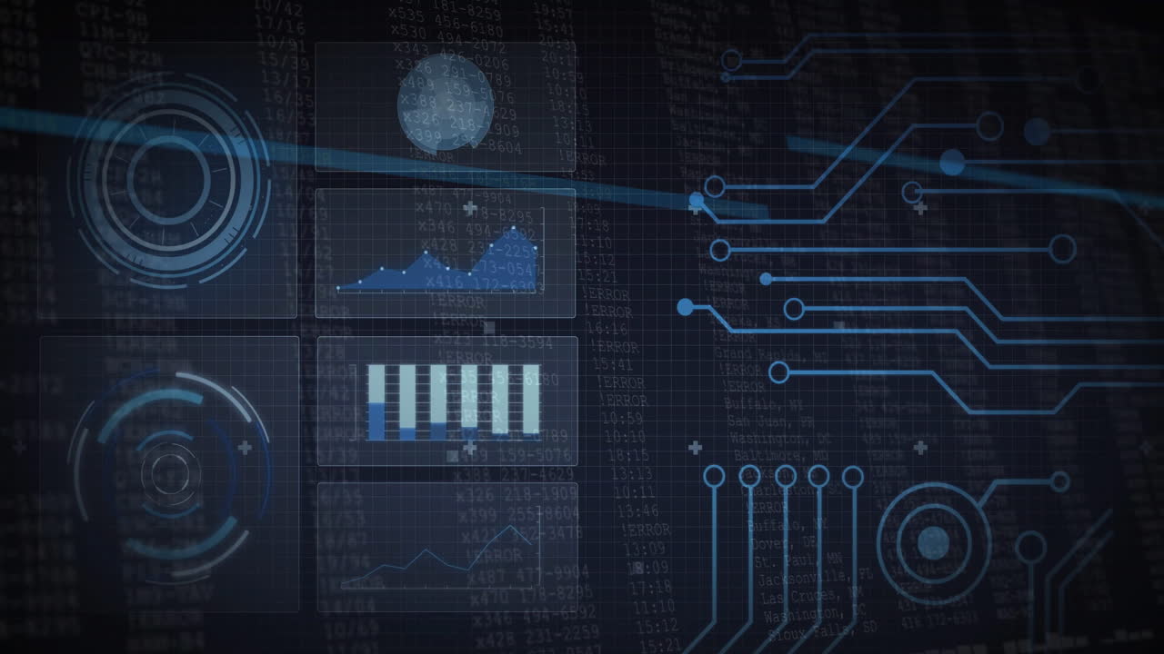 Animation of digital interface showing data charts and circuits on dark background