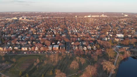 aerial footage neighborhood horizon during golden hour