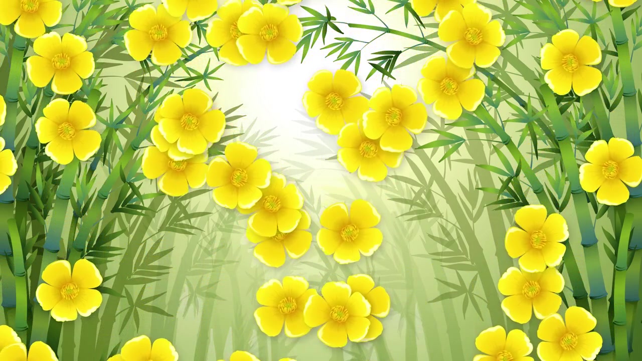 Stylized yellow blossoms drift downward against a lush green bamboo forest with soft lighting.