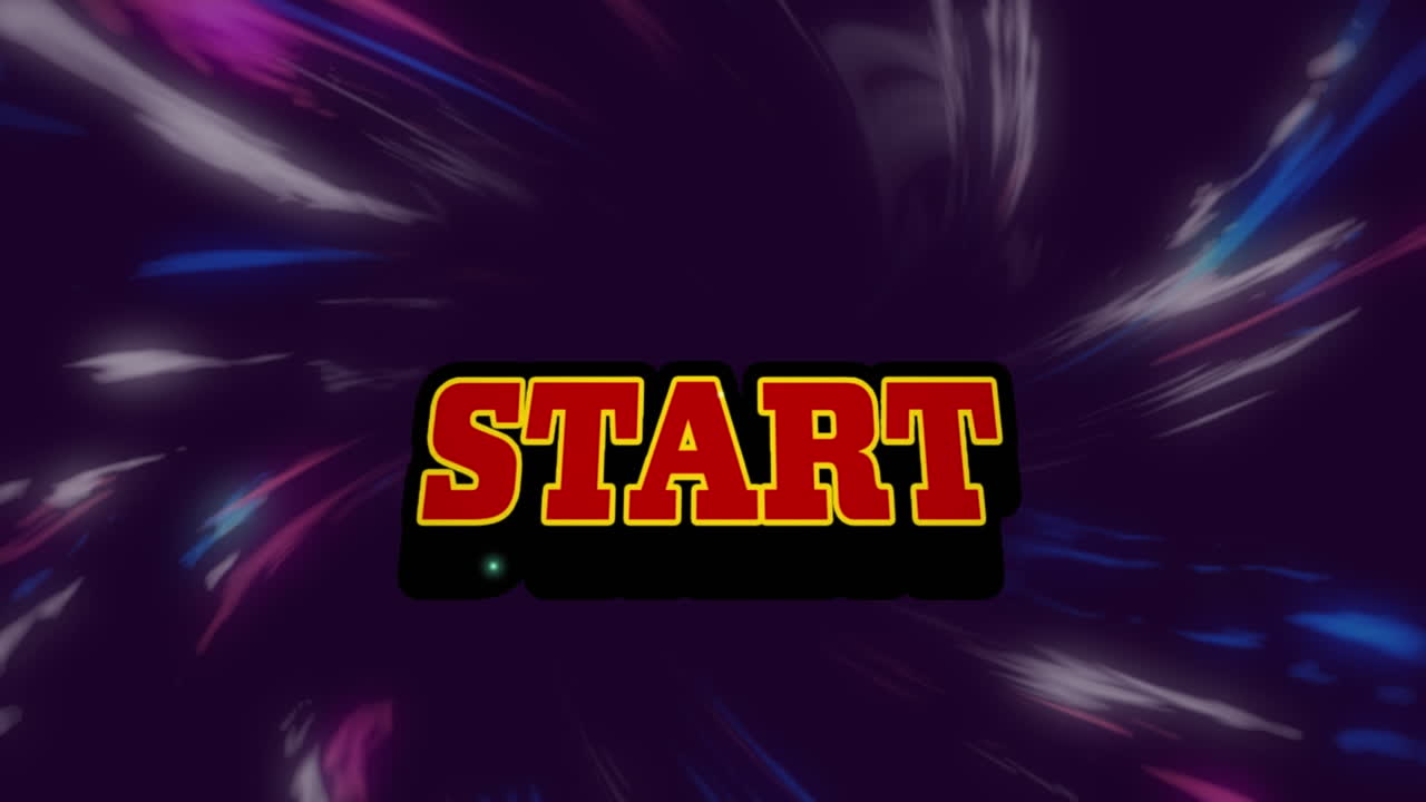 Animation of start text over moving colorful lights on dark background