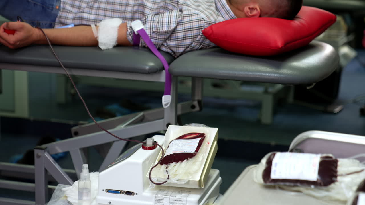 Plastic bag with blood is moved by the medical machine. Male donor lying on the couch gives his blood in the hospital.
