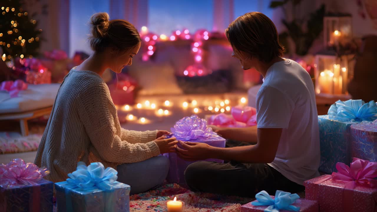 A Romantic Evening with Soft Lighting and Beautifully Wrapped Gifts, Celebrating Togetherness and Joy of Giving as a Couple Enjoys a Heartwarming Moment Surrounded by Warm Candlelight and Holiday Spirit