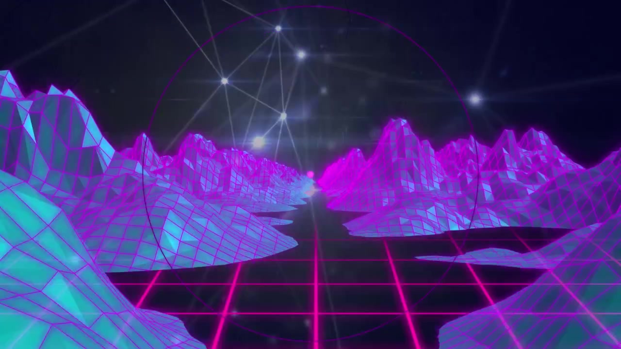 Digital animation of purple round scanner and network of connections against 3d mountain structures