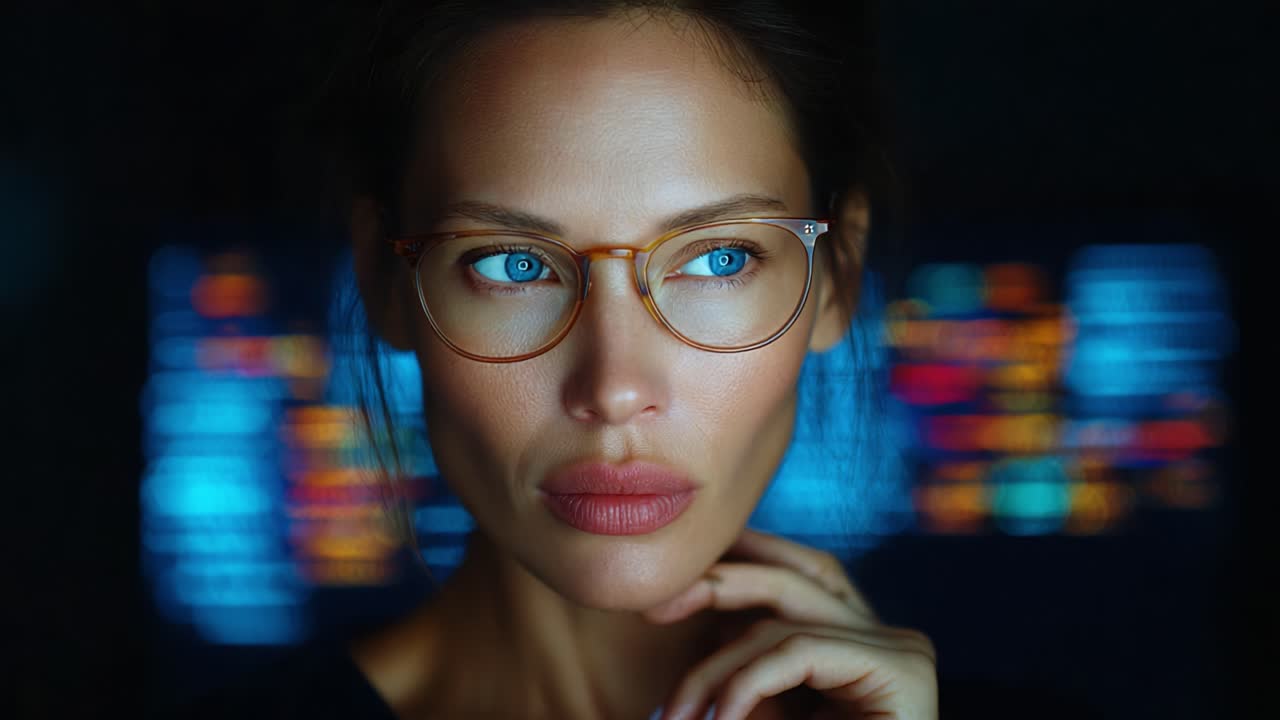 A Captivating Portrait of a Thoughtful Woman with Striking Blue Eyes and Glasses, Illuminated by Soft Ambient Light and Colorful Background Patterns