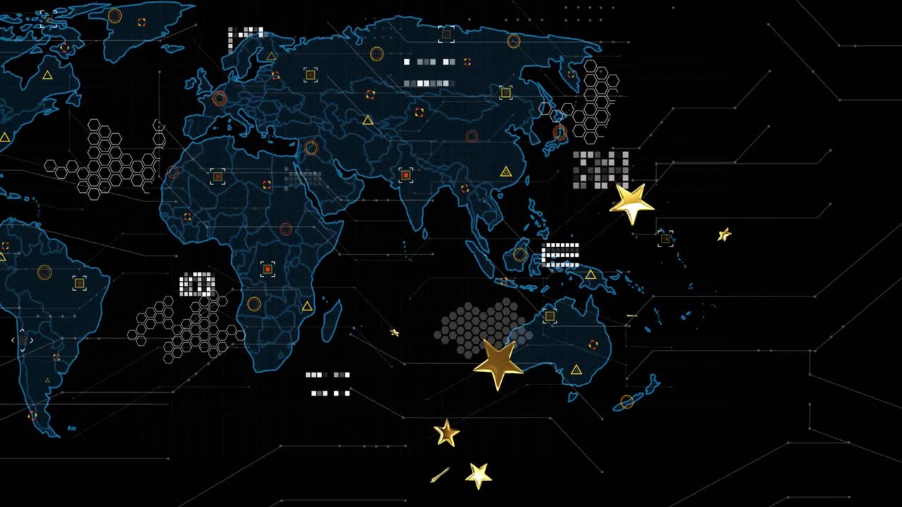 animación de iconos de estrellas doradas flotando sobre el mapa del mundo y procesamiento de datos contra un fondo negro