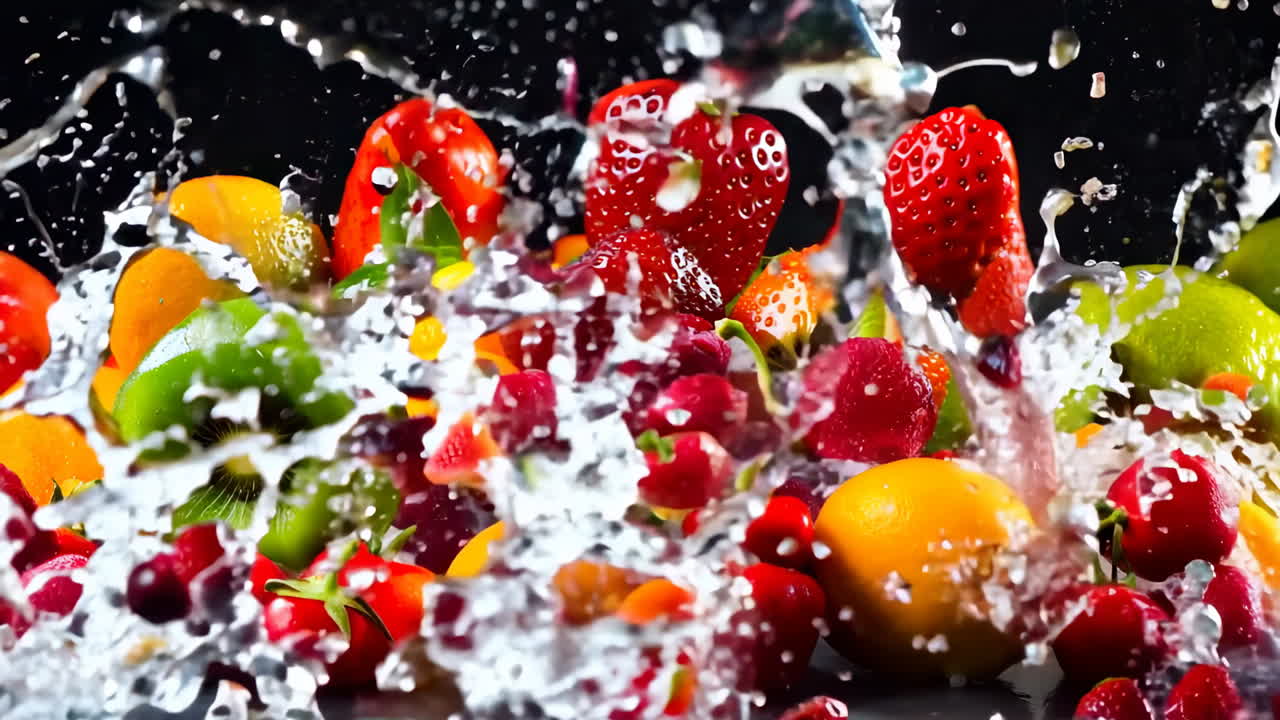 Fresh Fruit Splash With Strawberries, Lemons, and Kiwi in Studio. Colorful fruits burst into the air as water splashes around them, creating a vibrant display of fresh produce.