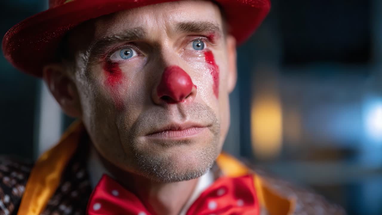 En dyster klovn reflekterer over en optræden og fanger dybden af følelser under den livlige makeup og kostume i denne tankevækkende scene af menneskelig erfaring
