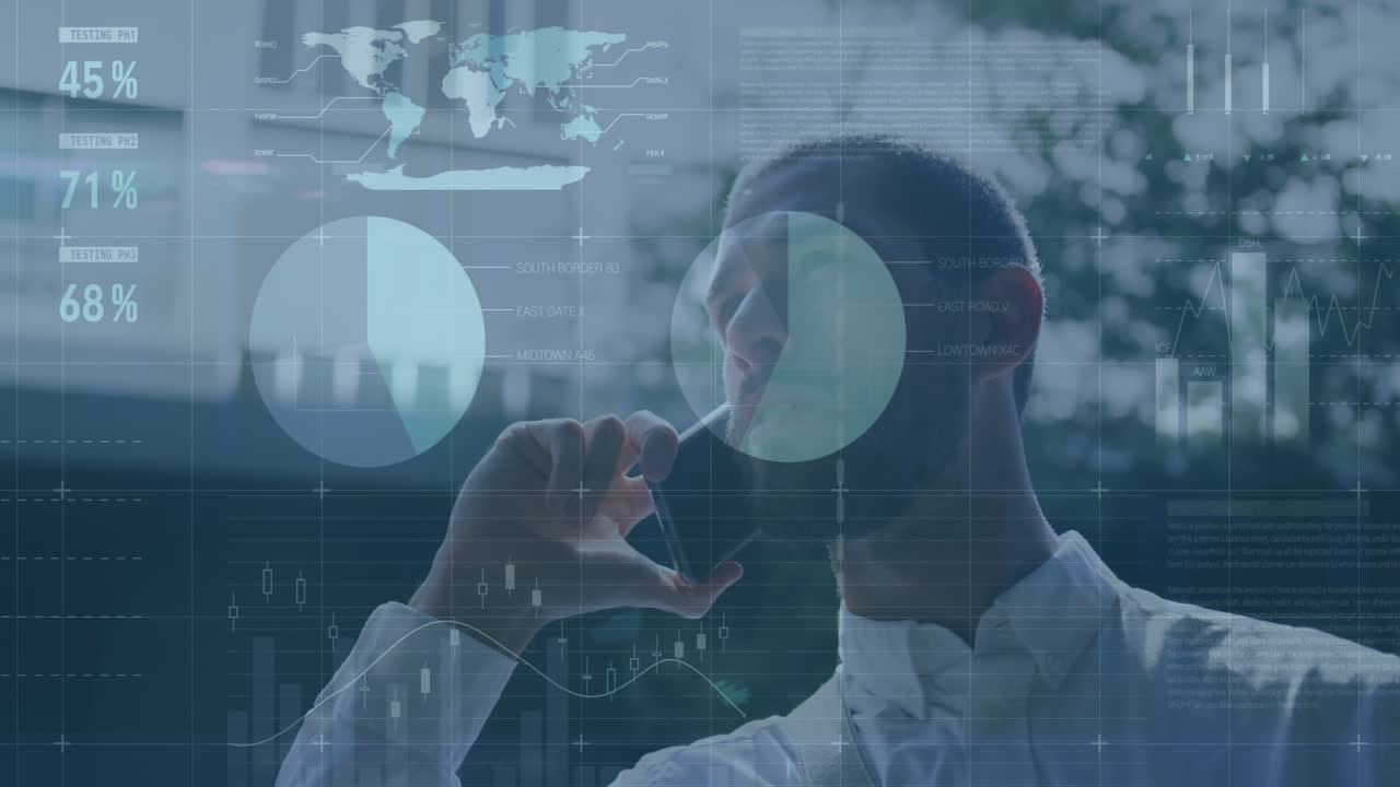 Animation of financial data processing over caucasian man using smartphone