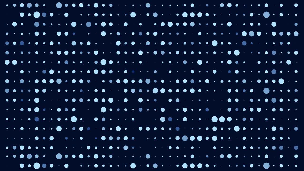 어두운 배경에서 크기와 밝기가 변하는 빛나는 파란색 점들의 역동적인 패턴