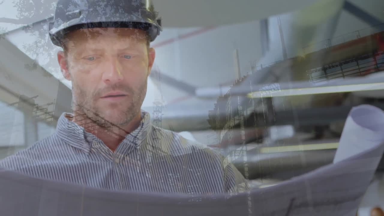 Composition of men looking at a plan with buildings in the transparency