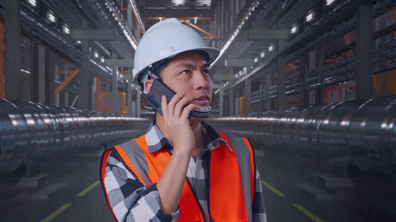 Close Up Of Asian Male Engineer With Safety Helmet Talking On Smartphone While Standing With Metal Pipes