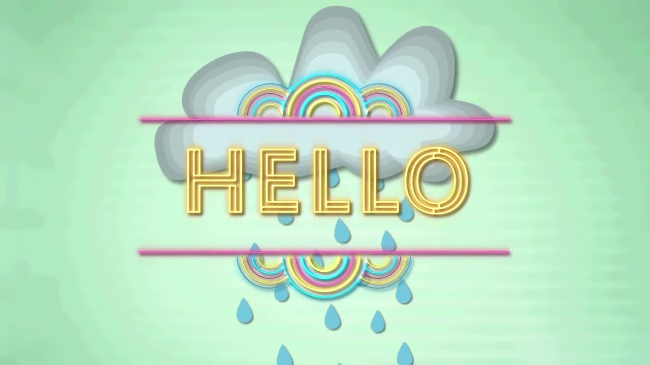녹색 배경에 비가 내리는 구름 위에 안 ⁇ 하세요 텍스트의 애니메이션