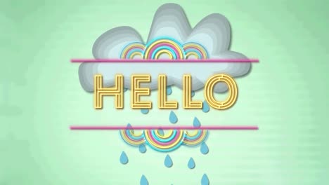 animación de texto de saludo sobre nube con lluvia sobre fondo verde