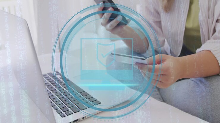 Animation of laptop icon and data over caucasian woman paying online with card