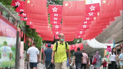 pedestrians walk beneath flags of the people's republic of china and the hong kong sar, which are displayed overhead in hong kong, china.