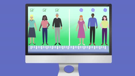 animation of people in line with or without virus thanks to social distancing