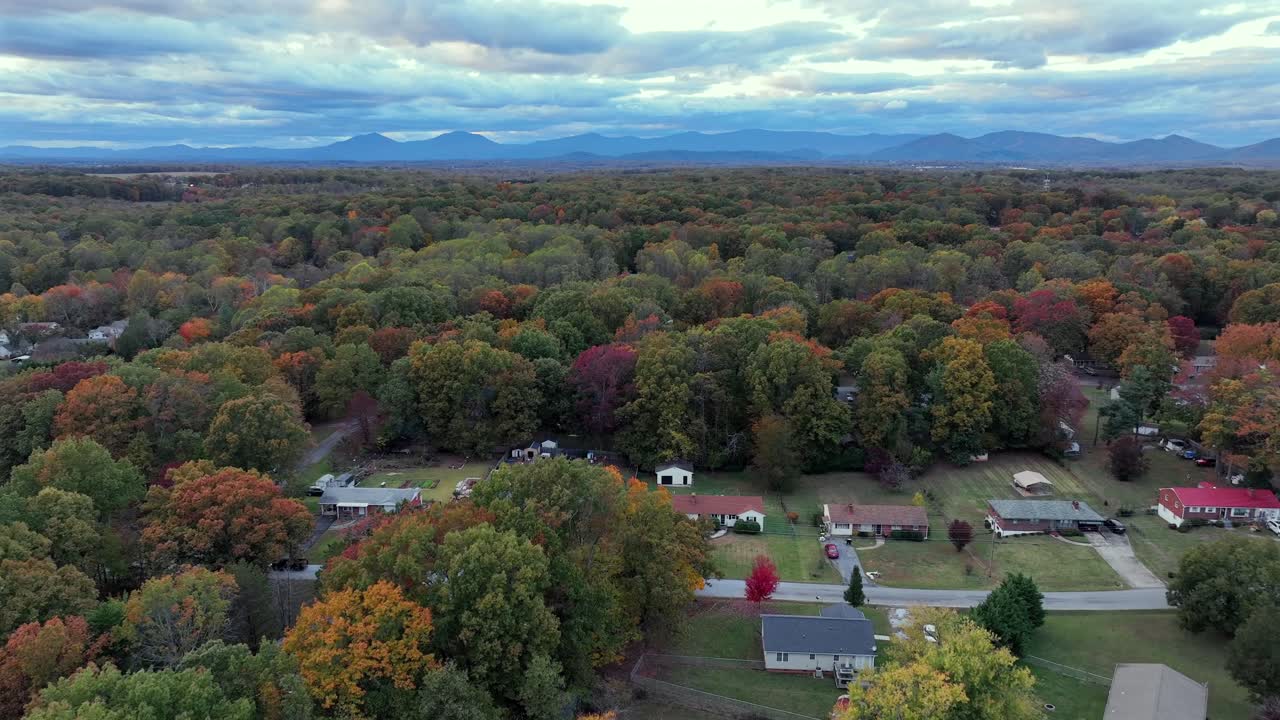 Forest trees, yards and houses of residential area in USA. Aerial backwards wide shot. Cloudy day in fall. Suburb district with American homes