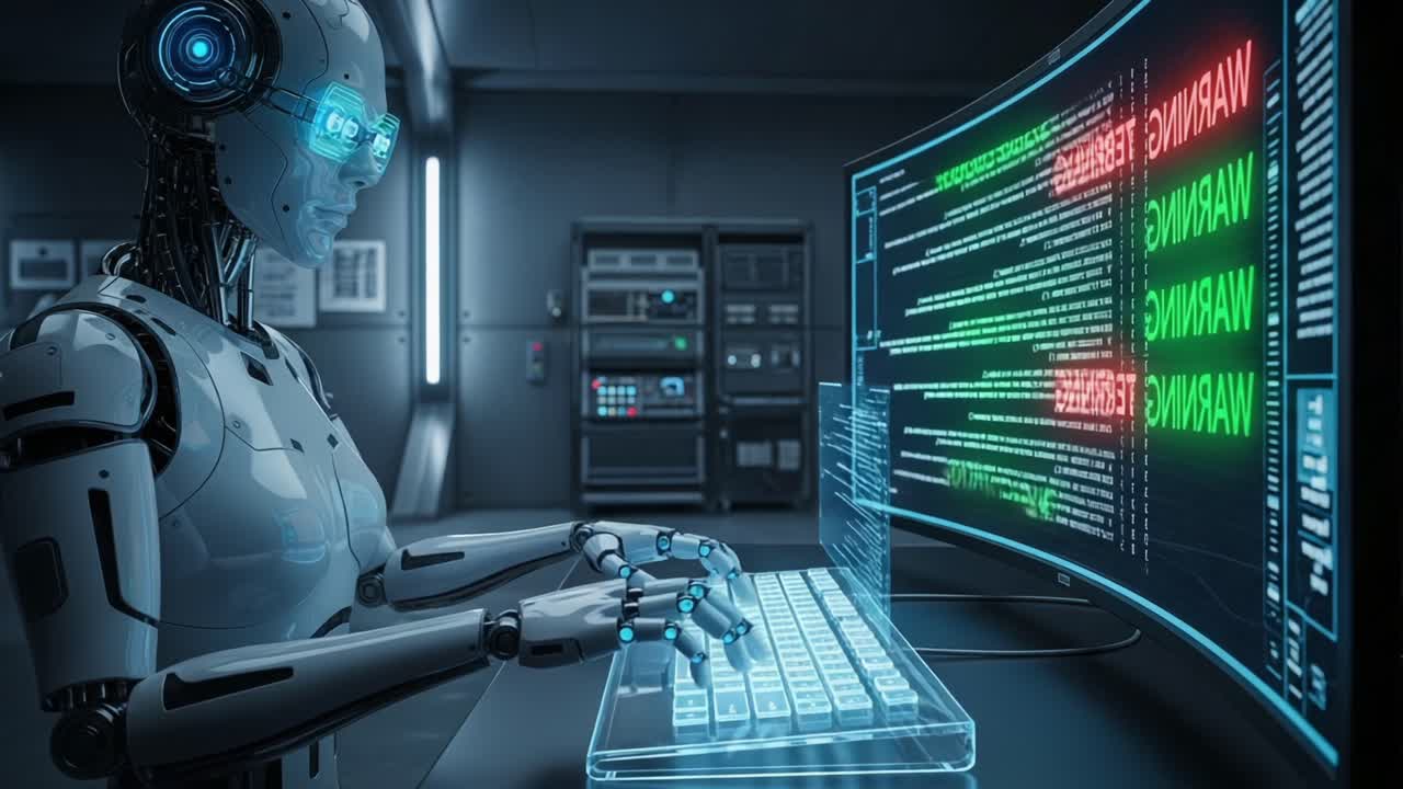 A Futuristic Robot Engaged in Complex Programming Tasks Monitoring Live Warnings on an Advanced Display, Showcasing Innovative Technology in a Cybernetic Environment