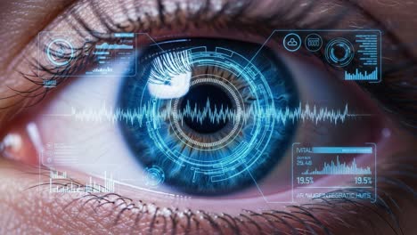 futuristic eye with advanced data visualization overlay: examining the intersection of biology and technology through high-tech graphics on a human eye