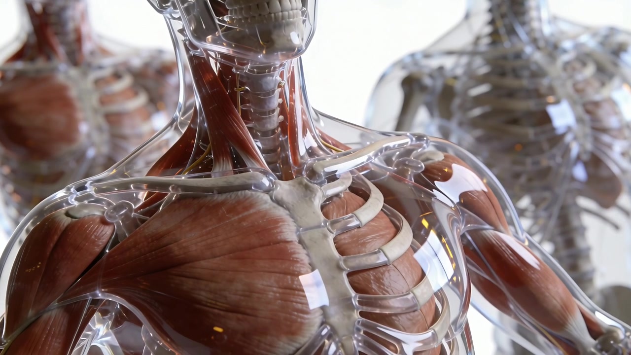 Modello di torso trasparente che ruota mentre la telecamera si allontana, rivelando la gabbia toracica e la trachea per l'insegnamento in studio