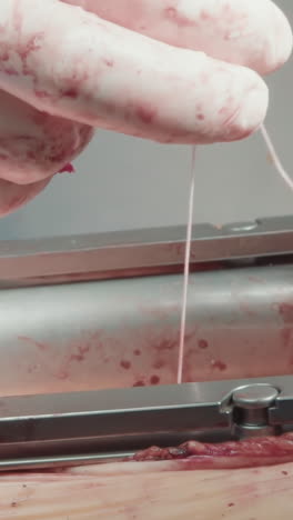 el médico corta el hilo durante la operación. el cirujano utiliza tijeras estériles para preparar el pecho para su costura después de una exitosa cirugía de trasplante de arteria coronaria