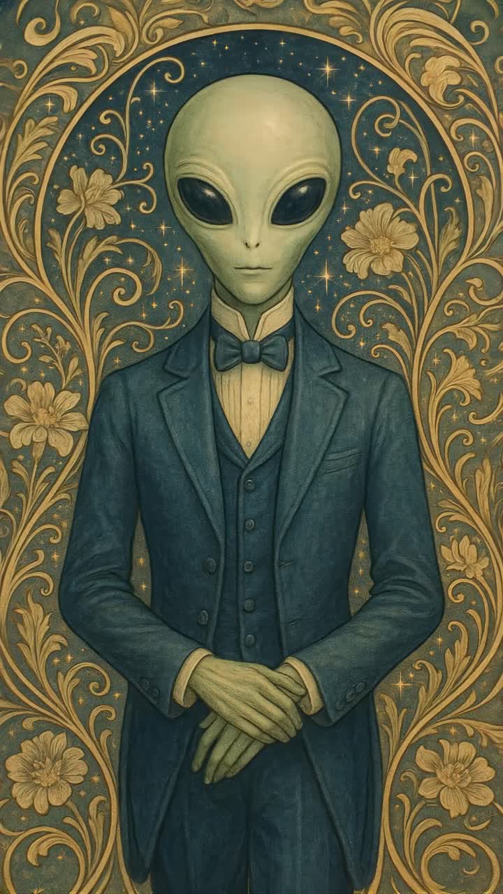 A vintage-style illustration of an alien in a suit, captured from a frontal angle