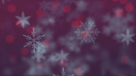 animación de copos de nieve cayendo y luces de hadas rojas sobre fondo púrpura
