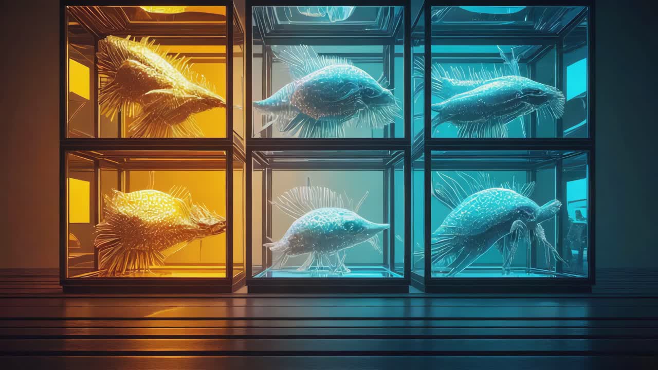 Artificial fish in glass boxes