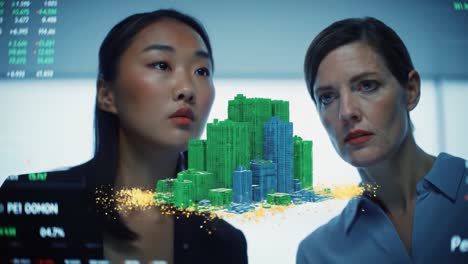 two professionals engage in a discussion about a sustainability project featuring green architecture. they analyze digital models on high-tech screens in a futuristic office setting.